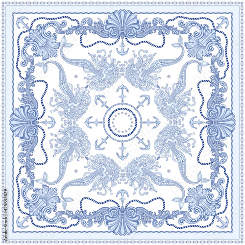 Vector shawl blue print on a white background. Fashionable silver chains and anchor pattern, Baroque fantasy scroll, blue beautiful mermaid and pearls. Scarf, bandana, neckerchief, silk patch, carpet
