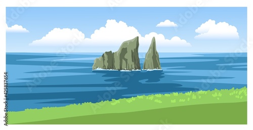 Kicker Rock, Leon Dormido. Beautiful panoramic seascape with green coastline, big fluffy clouds. Ocean scenic view. Hand-drawn vector illustration