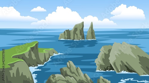 Seascape with rocky coastlines, rocks, cliffs, stones, blue sky with big fluffy clouds.
