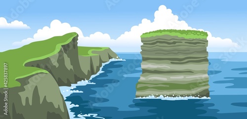 Rock Dan Bristy near Irish coast. Dun Briste sea stack. Landscape with fluffy clouds. Colorful ocean scenic view. Hand-drawn vector illustration