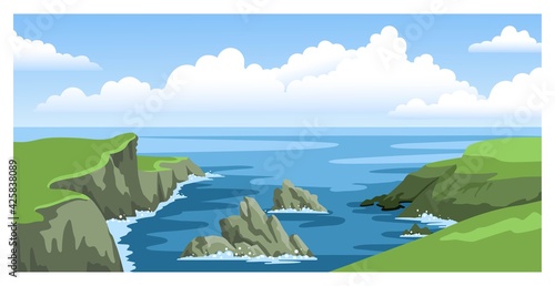 Sea landscape with rocky coastlines, rocks, cliffs, stones, blue sky with big fluffy clouds.