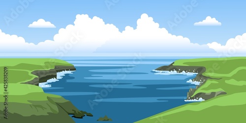 Ireland coast. Green irish landscape. Panoramic horizontal hand-drawn seascape. Vector illustration
