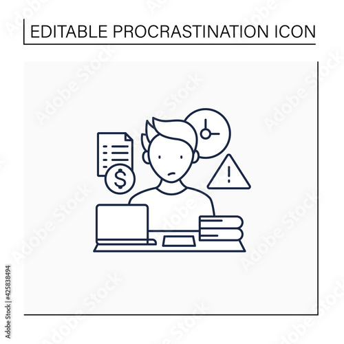 Late payments line icon.Invoices not paid on time.Non-timely payment. Procrastination concept. Isolated vector illustration.Editable stroke