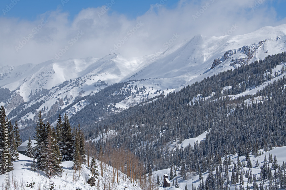 Winter landscape of the San Juan Mountains and mining buildings,  Colorado, USA