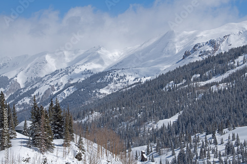 Winter landscape of the San Juan Mountains and mining buildings, Colorado, USA