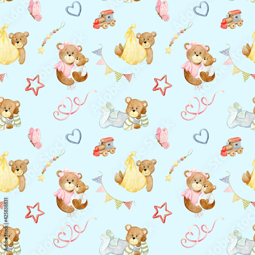 watercolor pattern with teddy bears on a blue background
