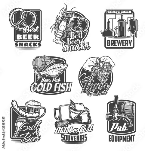 Beer brewing festival, pub snacks vector icons. Craft beer brewery, Oktoberfest souvenirs and pub equipment emblems. Pretzel, lobster and dried bream, hop, grilled sausage and tankard glass