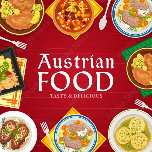 Austrian food cuisine menu vector cover. Sauerkraut with sausage and potato, wiener schnitzel, meat stew goulash and beef tafelspitz, bread dumplings knodel and roast beef esterhazy