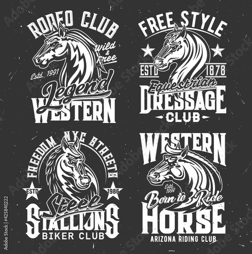 T-shirt prints with horse stallion heads, racing sport, equestrian and biker club vector mascot. Mare animal, monochrome horse and typography on black background. Bronco sports team t shirt prints