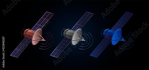 Set of Isometric GPS satellite illustration icon in three colors, blue red and silver metal, gradient graphic