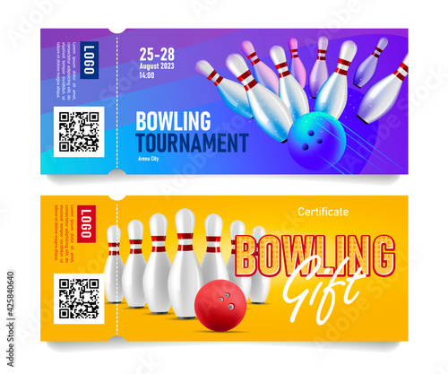Set of admission tickets for tournament or gift voucher for bowling event with illustration of bowling pins hit bay ball and standing in perspective