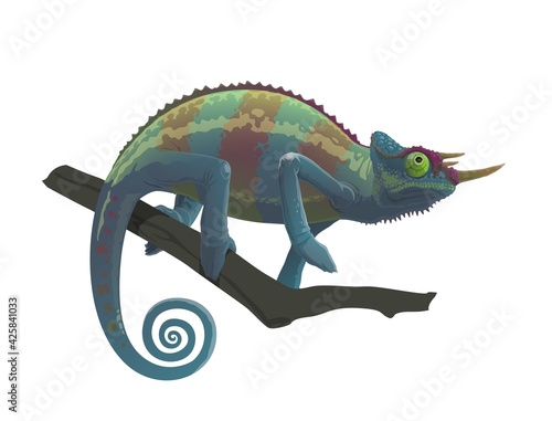 Chameleon reptile sitting on branch of tree, vector cartoon character. Cartoon chameleon animal in camouflage, jungle tropical lizard and exotic pet symbol of zoology park or wildlife nature