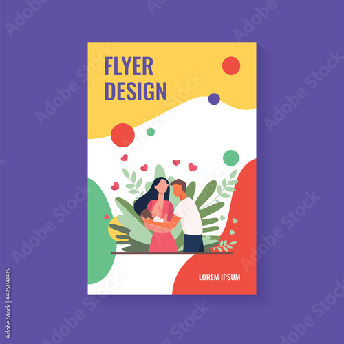 New mother breastfeeding child. Dad holding baby flat vector illustration. New parents, motherhood, parenthood, postnatal care concept for banner, website design or landing web page
