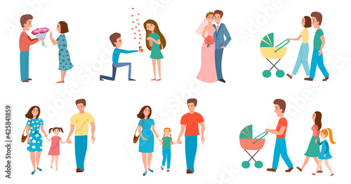 A set of couples at different stages of a relationship. The birth of a family .