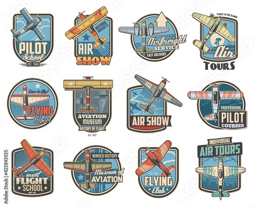 Pilot school and aviation show icons. Air travel tours, historical aircraft museum and airfreight service emblem or badge. Vintage propeller biplane and monoplane, flying retro vector airplane
