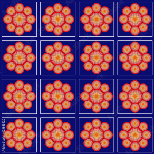 Tablecloth pattern with red shades in circle and darkblue background