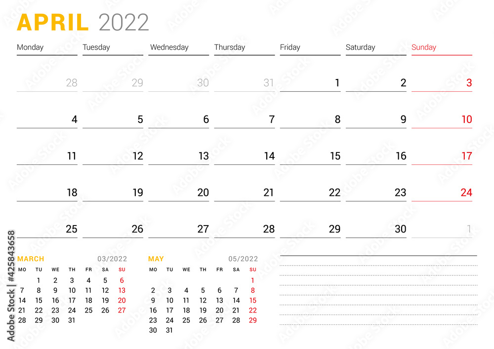 Calendar template for April 2022. Business monthly planner. Stationery design. Week starts on Monday. Calendar template for April 2022. Business monthly planner. Stationery design. Week starts on Monday.