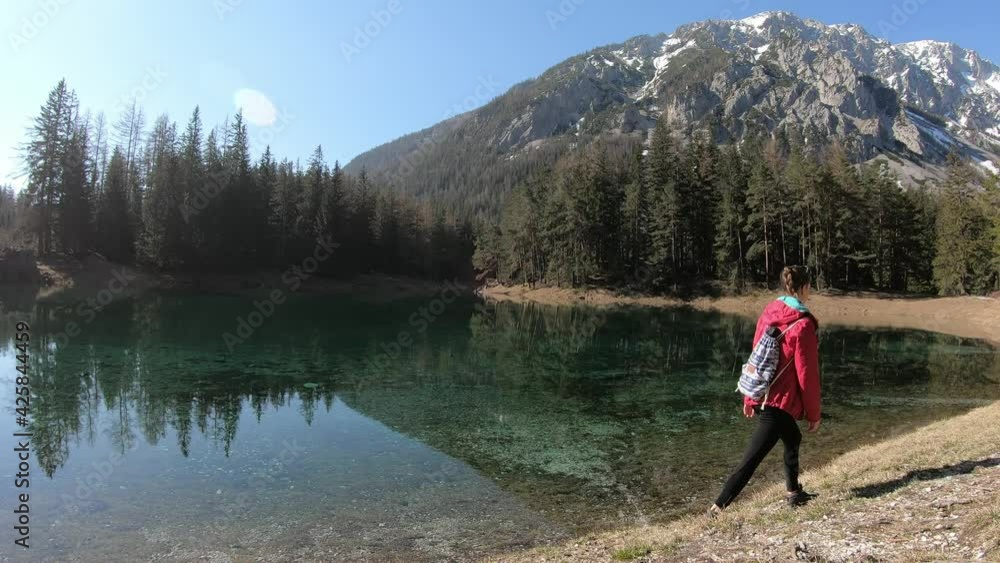 A woman in pink jacket walking along the shore of the Green Lake in Austria. The lake is surrounded by high Alps and dense forest, reflecting in the lake's surface. Meditation in the nature. Calmness
A woman in pink jacket walking along the shore of the Green Lake in Austria. The lake is surrounded by high Alps and dense forest, reflecting in the lake's surface. Meditation in the nature. Calmness