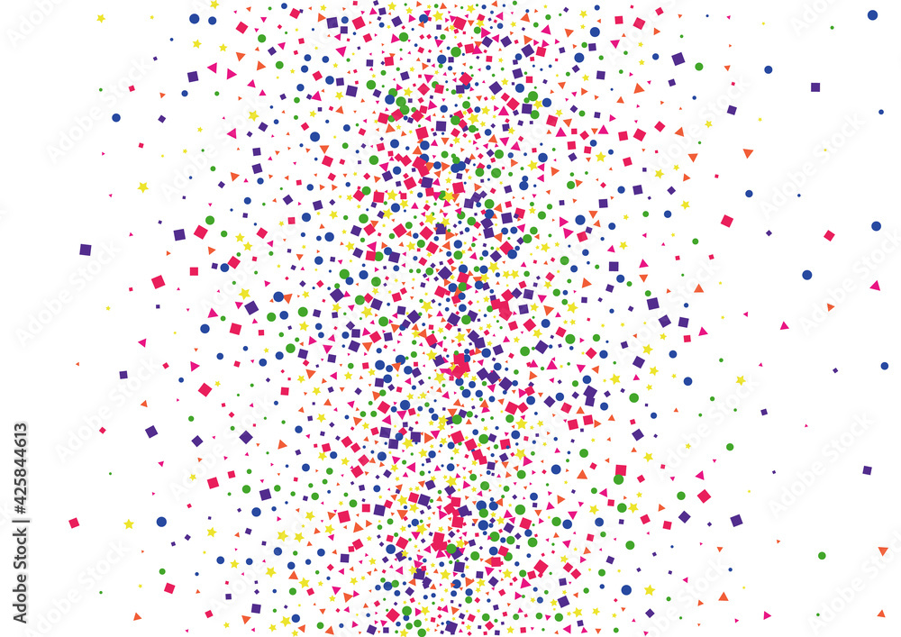 Purple Isolated Square Illustration. Rainbow Star Decoration. Blue Circle Background. Pattern Dot Decoration. Pink Shiny Confetti.