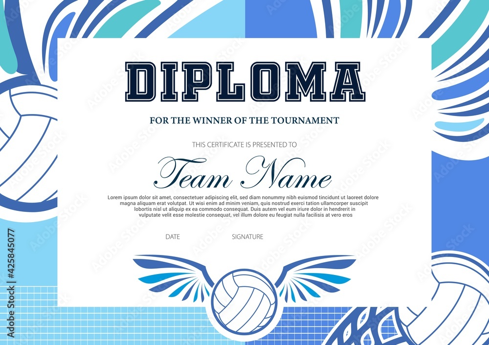 Certificate for volleyball tournament winner. Sports club diploma