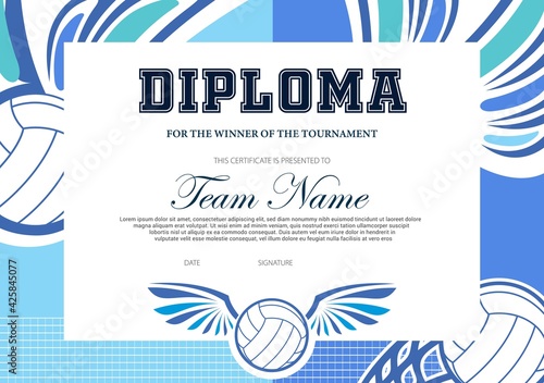 Certificate for volleyball tournament winner. Sports club diploma vector template. Sport award and achievement border design with winged ball and net. School league or beach volleyball competition