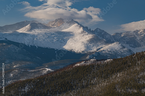 Winter landscape of Longs Peak shortly after sunrise, Rocky Mountain National Park, Colorado, USA