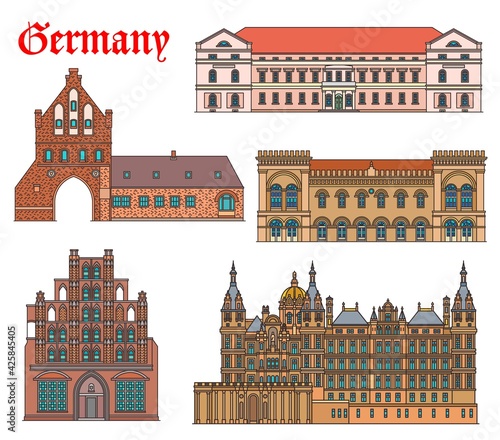 Germany landmarks architecture, buildings church and cathedral in Schwerin and Wismar, vector. German city landmarks of rathaus town hall, castle schloss and wassertor watergate, gothic Alter Schwede
