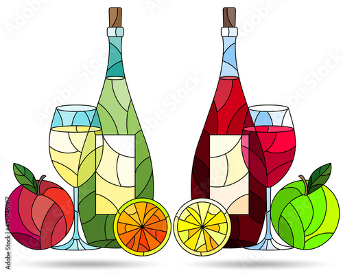 Set of contour illustrations in the style of stained glass with compositions of wine and fruit, dark outlines on a white background