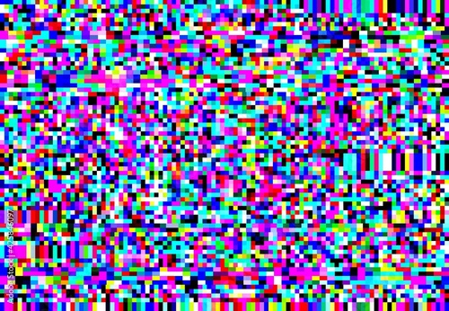 Abstract background with glitch effect, vector distortion, glitched colored random pixels on screen. Television distorted glitch video effect, no signal TV backdrop, noisy pixelized graphic texture