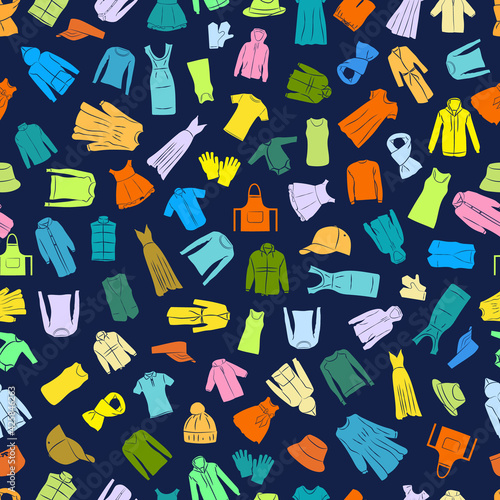 Seamless pattern of Apparel, colored different clothes of men and women vector illustration