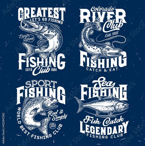 Fishing sport t-shirt prints of salmon, pike, tuna. Sketch vector fishing club, marine or freshwater fish symbols for t-shirt. Fishing sport engraved prints of apparel design