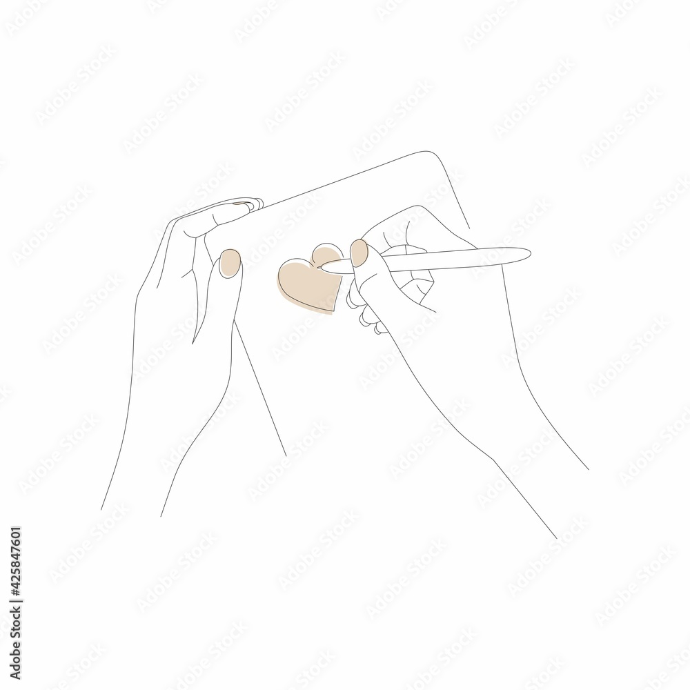 Linear vector drawing of hand and pencil. The hand draws a heart. Stock ...