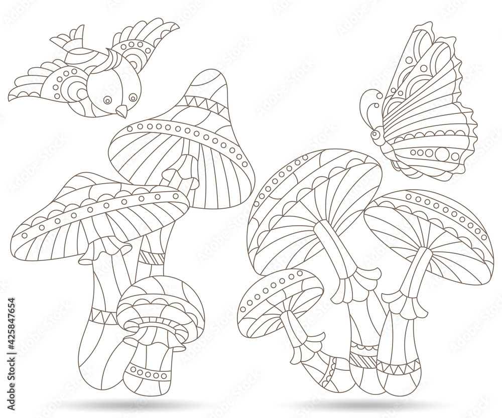 Set of contour illustrations in the style of stained glass with mushroom compositions ,outline mushrooms isolated on a white background