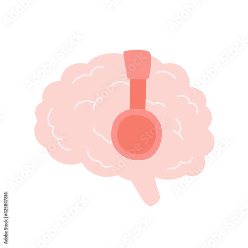 Science podcast concept design. Brain with headphones vector illustration. Logo symbol for science or psychology show. Audio meditation for mental health. Creative broadcasting