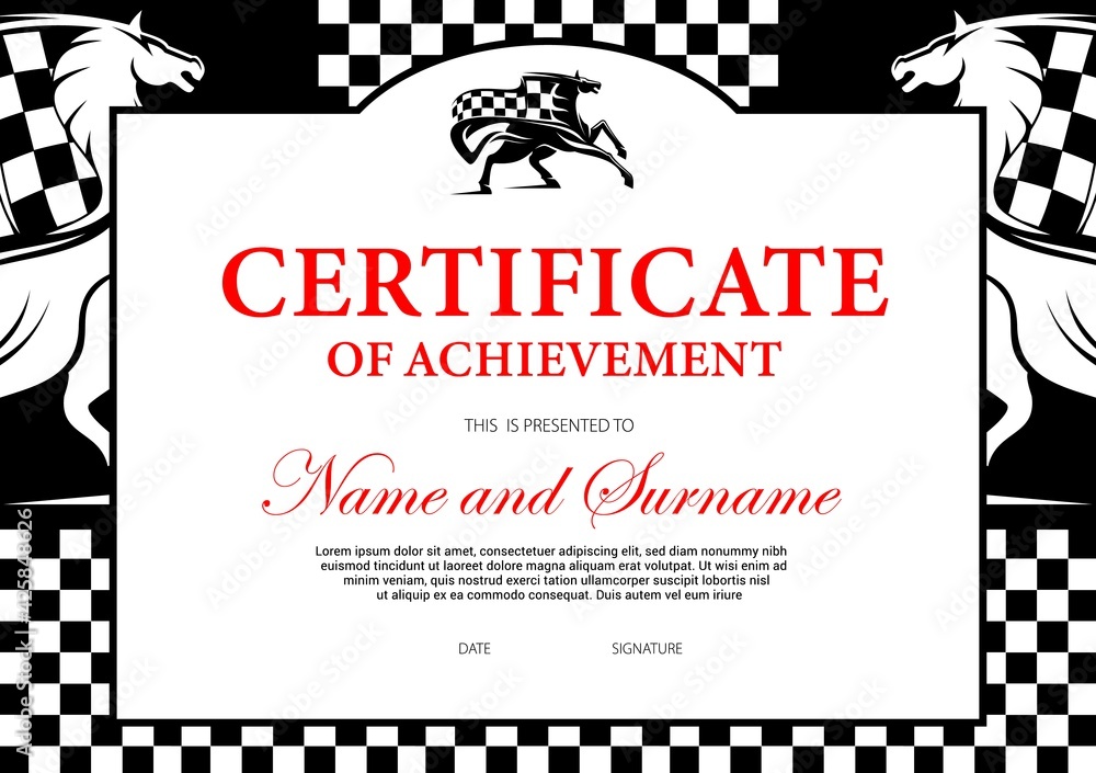 Certificate of achievement or participation for horse race winner. Stallion racing award border design with horse and chequered flag. Victory celebration best result frame Certificate of achievement or participation for horse race winner. Stallion racing award border design with horse and chequered flag. Victory celebration best result frame