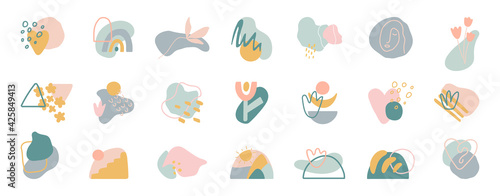 Organic shapes compositions set. Hand draw abstract design elements in pastel colors. Minimal stylish cover template. Art form for social media stories, branding, banner, decor. Vector illustration