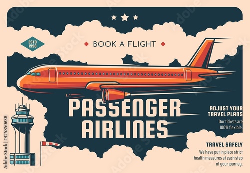 Passenger airline tickets booking service vintage vector poster. Airliner flying in sky, airport tower building and windsock. Airline travel and airplane commercial flight plan promo retro poster