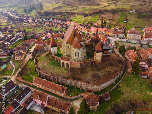 Obraz na plátně Birds eye view photography of a fortified church located in Romania, Biertan village