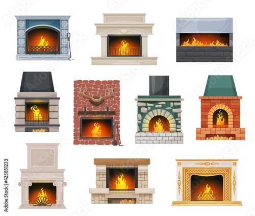 Modern and classic open hearth fireplaces set. Fireplace with stone, brick and marble mantel decorated ceramic tiles, deer antler and stucco elements, flaming fire, firewood chunks cartoon vector
