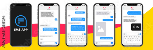 SMS app template on smartphone device vector set. Isolated messenger application and phone mockup on abstract background. Editable chat text message, bubble, picture, payment. Realistic Illustration.