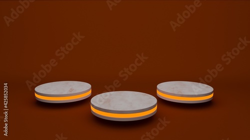 Orange marble product stand futuristic or podium pedestal on empty display with orange backdrops. 3D rendering.