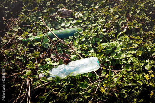Obraz na płótnie Śmieci w lokalnym parku. Szklana butelka po piwie i plastikowa po wodzie mineralnej. w salonie