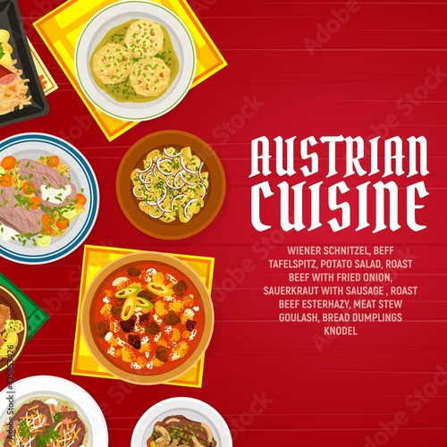 Austrian food cuisine dishes menu vector banner. Bread dumplings knodel, sauerkraut with sausage and beef tafelspitz, meat stew goulash, roast beef with fried onion and potato salad, wiener schnitzel
