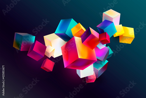 Colorful 3D cubes on dark background. Abstract geometric composition.