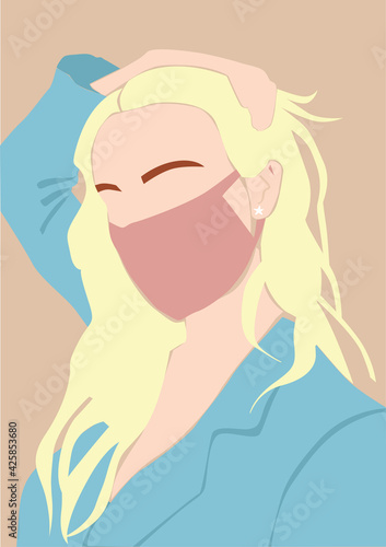 Blonde girl in beige mask on the pastel isolated background. Blonde woman in blue costume.