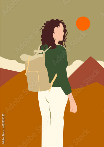 Illustration of a backpacker girl in the mountains. Abstract landscape with sunset.