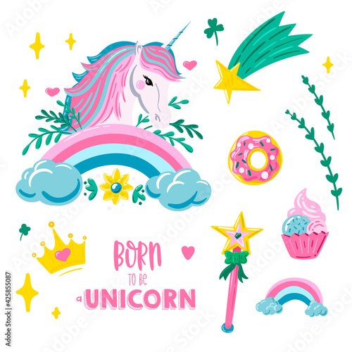 Fototapeta Naklejka Na Ścianę i Meble -  Unicorn sticker set with unicorn, rainbow, comet, donut, cupcake and hand drawn lettering. Colorful and bright unicorn illustration. 