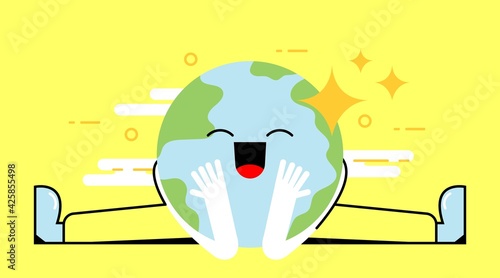 Happy Earth day banner. Cartoon cute earth with a happy expression. Environmental problems and environmental protection. Vector illustration. Caring for Nature. Earth hour day.