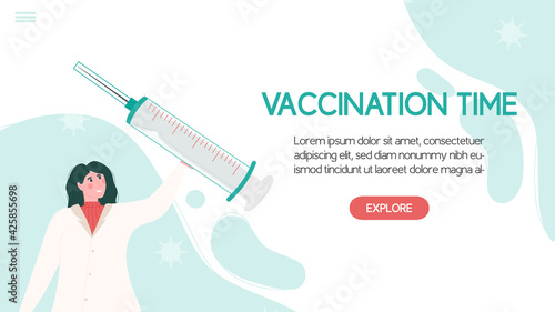 COVID-19 vaccination concept. Female doctor holding injection syringe with vaccine against coronavirus. Vaccination time banner.
