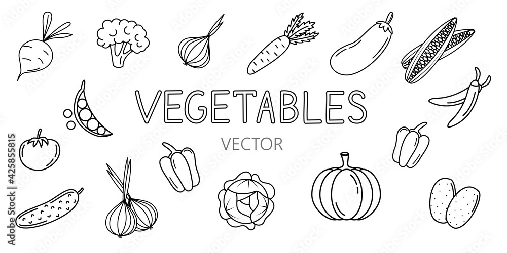 Set of vector line art vegetable icons. Collection of cartoon elements for coloring. Fresh food pictogram for design. Set of vector line art vegetable icons. Collection of cartoon elements for coloring. Fresh food pictogram for design.